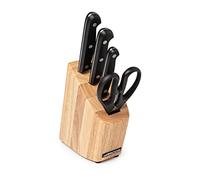 ARCOS Ensemble de Couteaux 4 Pièces (3 Couteaux + 1 Paire de Ciseaux) - Lame en Acier Nitrum, Bloc en Bois de Pin, Poignée Ergonomique en Polyoxyméthylène - Noir, Série Universelle