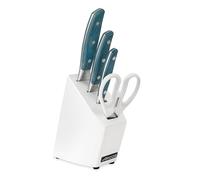 ARCOS Ensemble de Couteaux Forgés 4 Pièces (3 Couteaux + 1 Paire de Ciseaux) en Acier Forgé NITRUM - Manche en Micarta, Blocs en Bois - Couleur Bleue, Série Brooklyn