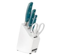 ARCOS Ensemble de Couteaux Forgés 4 Pièces (3 Couteaux + 1 Paire de Ciseaux) en Acier Forgé NITRUM - Manche en Micarta, Blocs en Bois - Couleur Bleue, Série Brooklyn