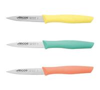 ARCOS Ensemble de Couteaux d'Office en Acier Inoxydable - 3 Pièces, Idéal pour Éplucher Fruits et Légumes - Poignée Ergonomique en Polypropylène. Couleur Orange, Jaune et Bleu. Série Nova