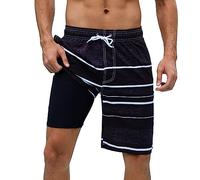 Arcweg Mens Swimming Shorts Longs Maillots de Bain avec Doublure de Compression Maillots de Bain 2 en 1 avec Poches à Fermeture éclair Quick Dry Rayures Noires et Grises M(EU)