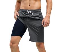 Arcweg Mens Swimming Shorts Longs Maillots de Bain avec Doublure de Compression Maillots de Bain 2 en 1 avec Poches à Fermeture éclair Quick Dry Gris S(EU)