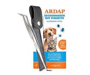 ARDAP Pince à tiques et crochet - 2 en 1 - En acier inoxydable - Dans un étui en cuir - Élimination facile et efficace des tiques - Pince de qualité supérieure pour chiens, chats et humains