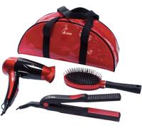 ARDES - Trousse Voyage Femme Pochette Portable avec Trousse Beauté - Mini Sèche Cheveux de Voyage Pliable + Fer Portable + Brosse de Voyage - Rouge