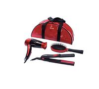 ARDES - Trousse Voyage Femme Pochette Portable avec Trousse Beauté - Mini Sèche Cheveux de Voyage Pliable + Fer Portable + Brosse de Voyage - Rouge