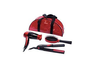 ARDES - Trousse Voyage Femme Pochette Portable avec Trousse Beauté - Mini Sèche Cheveux de Voyage Pliable + Fer Portable + Brosse de Voyage - Rouge