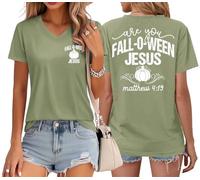 Are You Fall-O-Ween T-shirt à col en V pour femme Motif Jésus, Vert, S