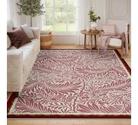 Area Tapis 100x150 Salon Red botanique Leaf carpette Lavable William Morris Large Farmhouse Doux Resistant aux Taches Descente de lit Chambre Bebe Kids Playroom Bureau Salle Manger Maison Decor