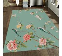 Area Tapis 140x200 Peony Bird Lavable carpette for Salon antiderapant Backing Descente de lit Resistant aux Taches Chambre Thin Bas Poil Japanese Floral Vintage Large Home Decor Green