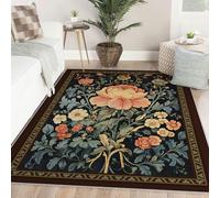 Area Tapis 90x150 for Salon Machine Lavable carpette Vintage Dark Floral botanique Faux Wool Bas Poil Descente lit Chambre Navy Blue with antiderapant Rubber Kid Pet Friendly Salle Manger Entree