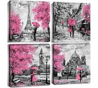 AREBOLO Rose Art Mural Chambre Pour DéCoration Murale Abstrait Aquarelle Cerisier Paysage Peintures Murales Paris Ville Affiche Impressions Sur Toile Oeuvre Moderne Decorative IntéRieure 30x30cm 4PCs