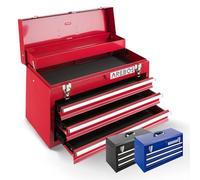 Arebos Boîte à outils avec 3 tiroirs et 2 compartiments de rangement | Poignée de transport et fermetures à pression | Coffret à Outils | Tapis antidérapants | Rouge