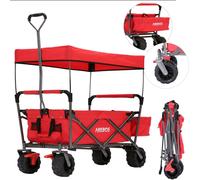 AREBOS® Bollerwagen pliable avec toit | Diable de transport Chariot d'outillage incl. poches en filet & sac extérieur | Frein de roue avant | Pneus pleins | 100 kg | Rouge