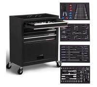 AREBOS Chariot d'atelier avec 4 Compartiments |4 tiroirs à roulement à Billes avec 81 pièces d'outils |2 roulettes avec Frein |Noir