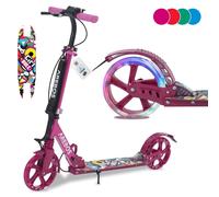 AREBOS Cityroller Trottinette | roues LED | réglable en hauteur | pliable | sangle de transport incluse | frein de pédalage manuel | suspension avant-arrière | rose