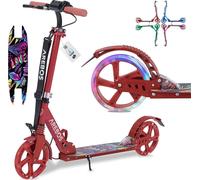 AREBOS Cityroller Trottinette | roues LED | réglable en hauteur | pliable | sangle incluse | frein à pédale manuel | suspension avant-arrière | rouge