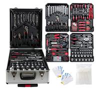 Arebos Coffre à outils aluminium 1200 pièces | Valise à roulettes avec poignée télescopique | 4 compartiments | Kit complet pour maison, garage et atelier | Argent