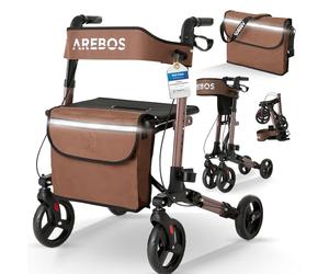 Arebos Déambulateur Marron 4 Roues | Déambulateur Pliable/Rollator | Assise et dossier/max. 136 kg | Réglable en hauteur | avec Sac à Provisions