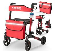 AREBOS Déambulateur Rouge 4 Roues | Déambulateur Pliable/Rollator | Assise et dossier/max. 136 kg | Réglable en hauteur