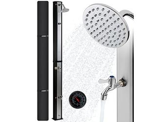 AREBOS Douche Solaire| 35 litres | 216cm | INCL. Capot de Protection | avec thermomètre intégré | pommeau de Douche Rond | avec Douche de Pied | Douche de Jardin avec raccord pour Tuyau d'arrosage
