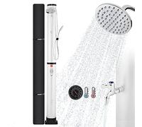 AREBOS Douche Solaire 40 L | 220 cm | Thermomètre intégré | Pomme Ronde + douchette Pieds | Housse de Protection et raccord Tuyau Inclus | Montage Facile | Argent-Noir