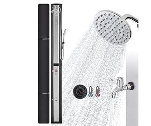 AREBOS Douche Solaire 60 L | avec douchette & thermomètre | Température de l'eau jusqu'à 60°C Douche Piscine Camping | Pommeau de Douche Rond | Technologie Snap-in | Couverture Incluse | Noir-argenté