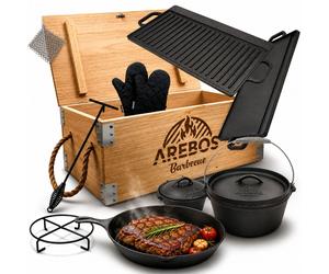 AREBOS Dutch Over BBQ Set en fonte avec caisse en bois, gants protection inclus
