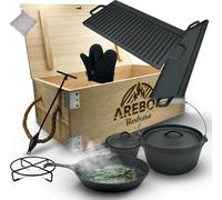 AREBOS Dutch OverTopf-Sets BBQ Set en fonte avec caisse en bois, gants de protection inclus