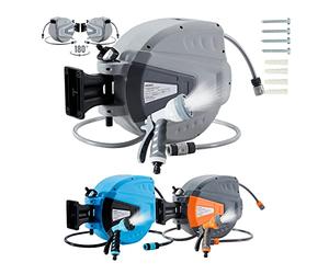 Arebos Enrouleur de tuyau | Enrouleur de tuyau pivotant de 30 m | Boîte à tuyau murale avec arrêt de blocage | Support mural inclus | Mécanisme d'enroulement automatique | Gris