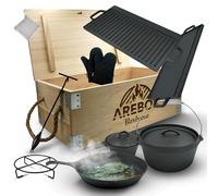 Arebos Ensemble de 9 pièces de faitout hollandais I Caisse en bois I Marmite brûlée avec de nombreux accessoires I Gants de protection I Set en fonte I Idéal pour le camping et à la maison