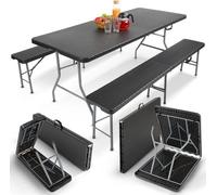 AREBOS Ensemble de Table de Camping | Pliante Aspect rotin Tente à bière Banc | en rotin Optique | pour 6 personnes | Noir