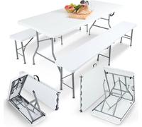 AREBOS Ensemble de Table de Camping | Pliante Aspect rotin Tente à bière Banc | en rotin Optique | pour 6 personnes | Blanc