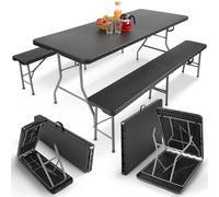 AREBOS Ensemble de tente à bière 3 pièces, table+2 bancs, pliable, look rotin noir