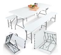 AREBOS Ensemble Table et bancs de Brasserie 3 pièces | Pliables avec poignée | pour intérieur et extérieur | Table de Camping | Blanc
