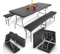 AREBOS Ensemble Table et bancs de Brasserie 3 pièces | Pliables avec poignée | pour intérieur et extérieur | Table de Camping | Design rotin - Noir