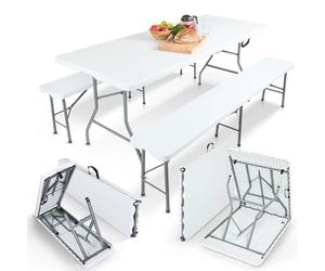 AREBOS Ensemble Table et bancs de Brasserie 3 pièces | Pliables avec poignée | pour intérieur et extérieur | Table de Camping | Blanc
