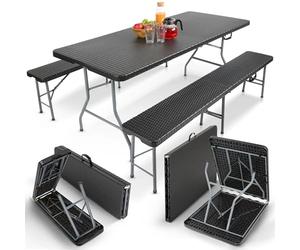 AREBOS Ensemble Table et bancs de Brasserie 3 pièces | Pliables avec poignée | pour intérieur et extérieur | Table de Camping | Design rotin - Noir