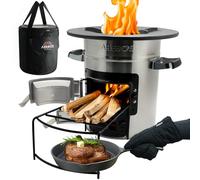 Arebos Four-fusée avec poêle à griller en fonte, sac de transport et gants | Dutch Oven BBQ | réchaud de camping portable four à bois | cuisine d'extérieur | Rocket Stove | Barbecue de camping Argent