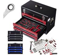 AREBOS Mallette à outils 172 pces | Jeu de douilles | 3 tiroirs rouge/noir
