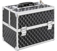 AREBOS Mallette cosmétique, mallette de maquillage, 15L, 5 compartiments, aluminium, motif diamant, serrure et clé incluses, intérieur velours, 32 x 27 x 22 cm, noir