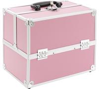 AREBOS Mallette cosmétique, mallette de maquillage, 15L, 5 compartiments, aluminium, serrure et clé incluses, intérieur velours, 32 x 27 x 22 cm, rose