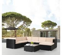 AREBOS Meuble de jardin en poly rotin Lounge Seville, Coussins d'assise inclus, 7 personnes, Poly rotin tressé résistant aux UV, Table avec plateau en verre, Combinable librement, Noir