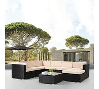 AREBOS Meuble de Jardin en Poly rotin Lounge Seville | Coussins d'assise Inclus | 7 Personnes | Poly rotin tressé résistant aux UV | Table avec Plateau en Verre | Combinaison Libre | Noir