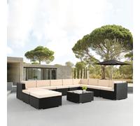 AREBOS Meuble de jardin en polyrattan Lounge, Coussins d'assise inclus, 10 personnes, Polyrattan tressé résistant aux UV, Table avec plateau en verre, Combinable à volonté, Noir