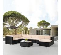 AREBOS Meuble de jardin en polyrattan Lounge, Coussins d'assise inclus, 8 personnes, Polyrattan tressé résistant aux UV, Table avec plateau en verre, Combinable à volonté, Noir