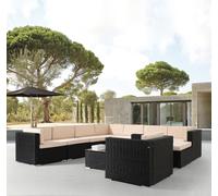 AREBOS Meuble de jardin en polyrattan Lounge, Coussins d'assise inclus, avec fauteuil, 8 personnes, polyrattan tressé résistant aux UV, table avec plateau en verre, Combinable librement, noir