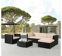 AREBOS Meuble de jardin en polyrattan Lounge Nizza, Coussins d'assise inclus, avec fauteuil, 5 personnes, polyrattan tressé résistant aux UV, table avec plateau en verre noir