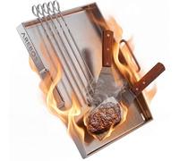 AREBOS Plancha Grill INOX 40x30 cm pour Barbecue et Gaz | Épaisseur 4 mm | Résiste Jusqu’à 800 °C | Évacuation Graisse | 2 Spatules et 5 Brochettes Incluses | Compatible Lave-Vaisselle