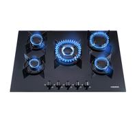 AREBOS Plaque Cuisson Gaz 5 Brûleurs 10,4kW Verre Noir Allumage Piézo Sécurité