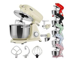 Arebos Robot Pâtissier Professionnel 1800W Retro | Crème | Faible Bruit | Robot de Cuisine Multifonction avec Fouet, Batteur, Crochet | Bol d'Acier Inoxydable 6 Litres | 6 Vitesses